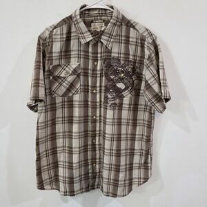 Vintage Y2K Mens Asian Dragon Shirt Size Large Pearl Snap Plaid Grunge Skater